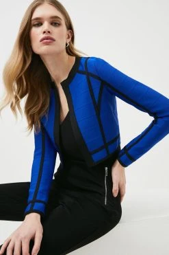 Karen Millen Bandage Knit Contrast Stripe Crop Cardigan -Karen Millen shop cobalt bandage knit contrast stripe crop cardigan 3