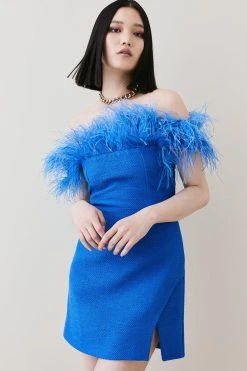 Karen Millen Boucle Feather Bardot Mini Dress -Karen Millen shop cobalt boucle feather bardot mini dress 1 2