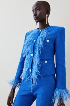 Karen Millen Boucle Feather Collarless Jacket 8 Karen Millen Boucle Feather Collarless Jacket -Karen Millen shop cobalt boucle feather collarless jacket 1 1
