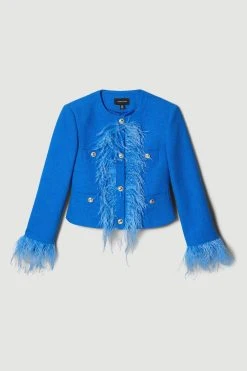 Karen Millen Boucle Feather Collarless Jacket 9 Karen Millen Boucle Feather Collarless Jacket -Karen Millen shop cobalt boucle feather collarless jacket 1 2