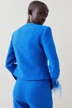 Karen Millen Boucle Feather Collarless Jacket 10 Karen Millen Boucle Feather Collarless Jacket -Karen Millen shop cobalt boucle feather collarless jacket 1 3