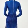 Karen Millen Fringed Ponte Mesh Detail Mini Dress -Karen Millen shop cobalt fringed ponte mesh detail mini dress