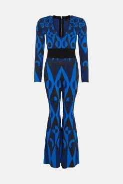 Karen Millen Geo Jacquard Knit Catsuit -Karen Millen shop cobalt geo jacquard knit catsuit 2