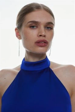 Karen Millen Italian Structured Satin Halter Neck Drape Pencil Midi Dress -Karen Millen shop cobalt italian structured satin halter neck drape pencil midi dress 2