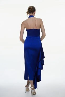 Karen Millen Italian Structured Satin Halter Neck Drape Pencil Midi Dress -Karen Millen shop cobalt italian structured satin halter neck drape pencil midi dress 3