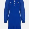 Karen Millen Military Trim Rib Knit Chiffon Sleeve Mini Dress -Karen Millen shop cobalt military trim rib knit chiffon sleeve mini dress