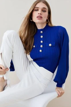 Karen Millen Military Trim Rib Knit Chiffon Sleeve Top -Karen Millen shop cobalt military trim rib knit chiffon sleeve top 1
