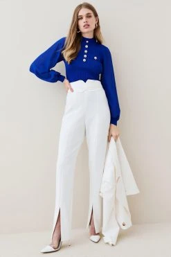 Karen Millen Military Trim Rib Knit Chiffon Sleeve Top -Karen Millen shop cobalt military trim rib knit chiffon sleeve top 3