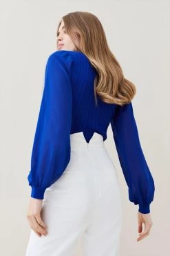 Karen Millen Military Trim Rib Knit Chiffon Sleeve Top -Karen Millen shop cobalt military trim rib knit chiffon sleeve top 4