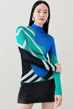 Karen Millen Placement Colour Block Slinky Knit Top -Karen Millen shop cobalt placement colour block slinky knit top 3