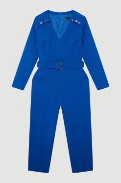 Karen Millen Plus Size Compact Stretch Button Detail Slim Leg Jumpsuit -Karen Millen shop cobalt plus size compact stretch button detail slim leg jumpsuit 1 1