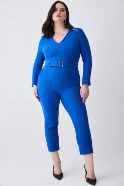 Karen Millen Plus Size Compact Stretch Button Detail Slim Leg Jumpsuit -Karen Millen shop cobalt plus size compact stretch button detail slim leg jumpsuit 1 3