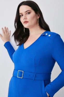 Karen Millen Plus Size Compact Stretch Button Detail Slim Leg Jumpsuit -Karen Millen shop cobalt plus size compact stretch button detail slim leg jumpsuit 1 4