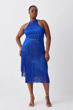 Karen Millen Plus Size Studded Fringe Mesh Insert Bandage Midi Dress -Karen Millen shop cobalt plus size studded fringe mesh insert bandage midi dress 1
