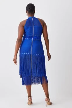 Karen Millen Plus Size Studded Fringe Mesh Insert Bandage Midi Dress -Karen Millen shop cobalt plus size studded fringe mesh insert bandage midi dress 3