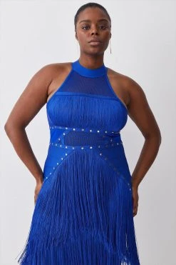 Karen Millen Plus Size Studded Fringe Mesh Insert Bandage Midi Dress -Karen Millen shop cobalt plus size studded fringe mesh insert bandage midi dress 5