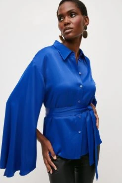 Karen Millen Satin Back Crepe Flared Sleeve Shirt -Karen Millen shop cobalt satin back crepe flared sleeve shirt 2