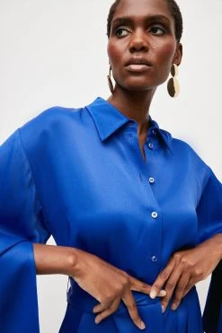 Karen Millen Satin Back Crepe Flared Sleeve Shirt -Karen Millen shop cobalt satin back crepe flared sleeve shirt 3