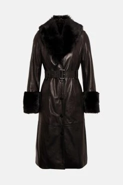 Karen Millen Shearling Cuff & Collar Leather Coat -Karen Millen shop cobalt shearling cuff collar leather coat 2