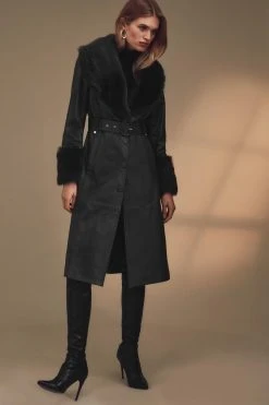 Karen Millen Shearling Cuff & Collar Leather Coat -Karen Millen shop cobalt shearling cuff collar leather coat 4