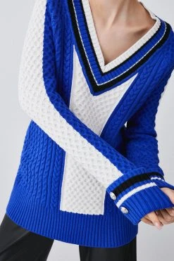 Karen Millen Sporty Colour Blocked Cable Knit Jumper -Karen Millen shop cobalt sporty colour blocked cable knit jumper 1