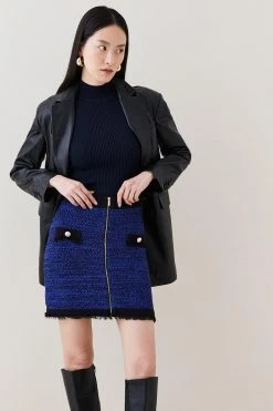 Karen Millen Tweed Knitted Fringe Zip Mini Skirt -Karen Millen shop cobalt tweed knitted fringe zip mini skirt 1 2