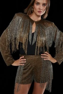 Karen Millen Embelished Fringed Metallic Woven Jacket -Karen Millen shop copper embelished fringed metallic woven jacket 3