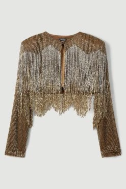 Karen Millen Embelished Fringed Metallic Woven Jacket -Karen Millen shop copper embelished fringed metallic woven jacket 5
