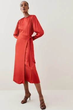 Karen Millen Viscose Satin Satin Batwing Wrap Midi Dress