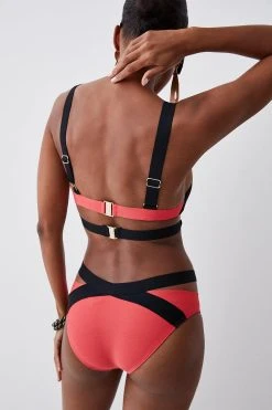 Karen Millen Bandage Colour Block Strappy Bikini Bottoms -Karen Millen shop coral bandage colour block strappy bikini bottoms 3