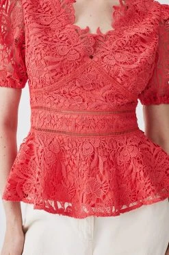 Karen Millen Tall Guipure Lace V Neck Woven Top -Karen Millen shop coral tall guipure lace v neck woven top 1
