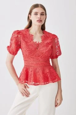 Karen Millen Tall Guipure Lace V Neck Woven Top -Karen Millen shop coral tall guipure lace v neck woven top 4