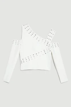 Karen Millen Bandage Knit Cold Shoulder Stud Detail Asymmetric Top -Karen Millen shop cream bandage knit cold shoulder stud detail asymmetric top 2