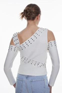 Karen Millen Bandage Knit Cold Shoulder Stud Detail Asymmetric Top