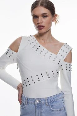 Karen Millen Bandage Knit Cold Shoulder Stud Detail Asymmetric Top -Karen Millen shop cream bandage knit cold shoulder stud detail asymmetric top 3