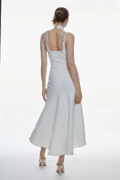 Karen Millen Diamante Trim Halter Bandage Midi Dress -Karen Millen shop cream diamante trim halter bandage midi dress 2