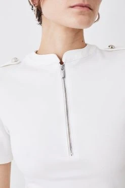 Karen Millen Half Zip Short Sleeve Ponte Top -Karen Millen shop cream half zip short sleeve ponte top 1 3