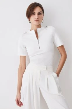 Karen Millen Half Zip Short Sleeve Ponte Top -Karen Millen shop cream half zip short sleeve ponte top 1 4