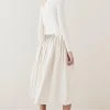 Karen Millen Knitted Pleated Midi Dress With Pu Detailing -Karen Millen shop cream knitted pleated midi dress with pu detailing