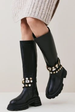 Karen Millen Leather Embellished Knee High Boot