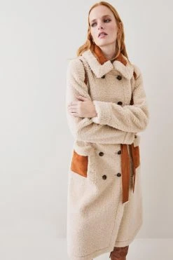 Karen Millen Longline Faux Shearling & Teddy Belted Coat -Karen Millen shop cream longline faux shearling teddy belted coat 1 1