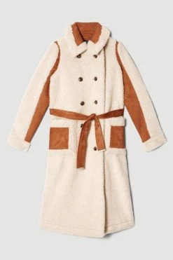 Karen Millen Longline Faux Shearling & Teddy Belted Coat -Karen Millen shop cream longline faux shearling teddy belted coat 1 2