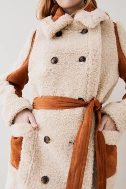 Karen Millen Longline Faux Shearling & Teddy Belted Coat -Karen Millen shop cream longline faux shearling teddy belted coat 1 3