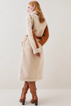 Karen Millen Longline Faux Shearling & Teddy Belted Coat -Karen Millen shop cream longline faux shearling teddy belted coat 1 4