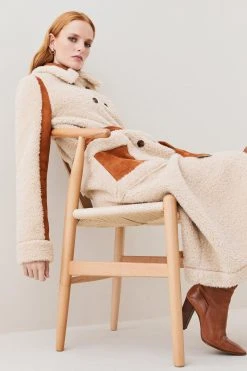 Karen Millen Longline Faux Shearling & Teddy Belted Coat -Karen Millen shop cream longline faux shearling teddy belted coat 1 5