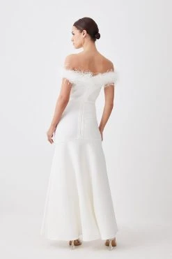 Karen Millen Petite Feather Detail Bandage Bardot Midaxi Dress -Karen Millen shop cream petite feather detail bandage bardot midaxi dress 1