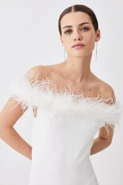 Karen Millen Petite Feather Detail Bandage Bardot Midaxi Dress -Karen Millen shop cream petite feather detail bandage bardot midaxi dress 2