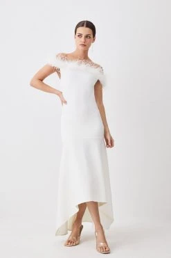 Karen Millen Petite Feather Detail Bandage Bardot Midaxi Dress -Karen Millen shop cream petite feather detail bandage bardot midaxi dress 3