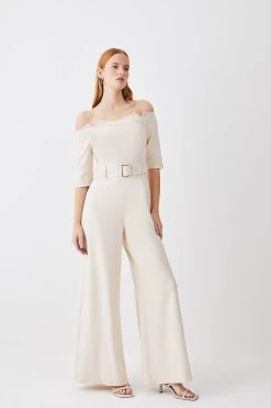 Karen Millen Petite Structured Crepe Off Shoulder Wide Leg Jumpsuit