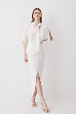 Karen Millen Soft Tailored Tie Neck Maxi Dress -Karen Millen shop cream soft tailored tie neck maxi dress 4